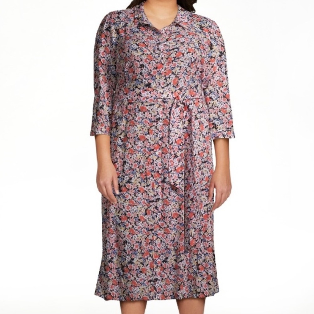 Floral print belted collared tea hem a-line three quarter sleeve shirtdress